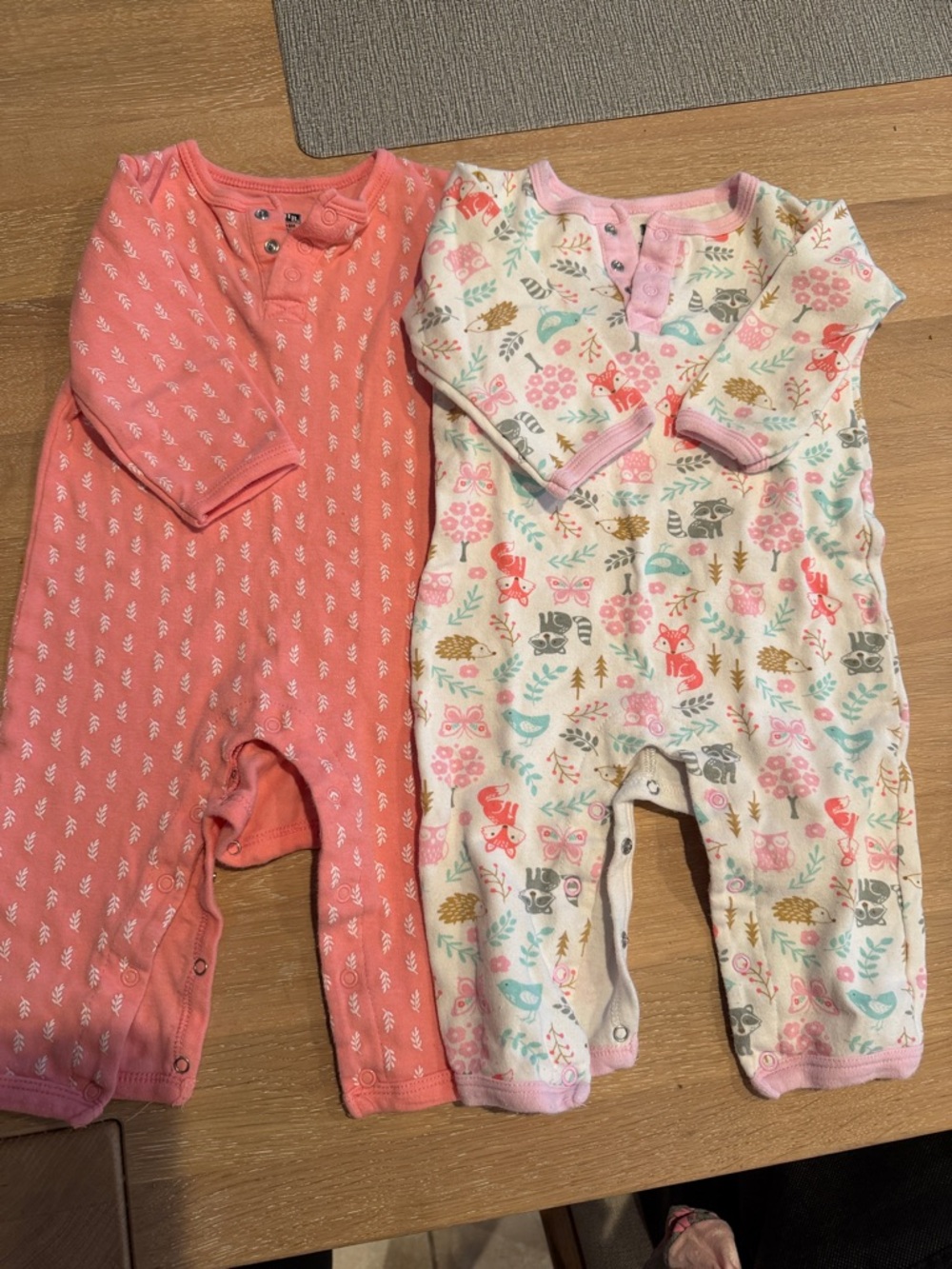 Baby Girls Cotton Footless Rompers - Coral and Cream Woodland Print